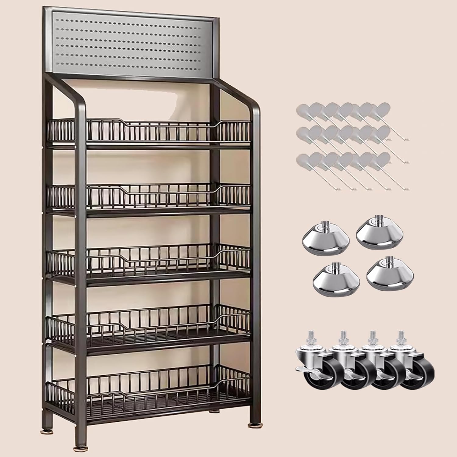 Free Standing Snack Shelf with Hook & Wheels, Commercial Supermarket Shelf Display Rack, Pantry/Garage/Retail Store Rolling Food Rack(5 Layers 165x28x50cm)