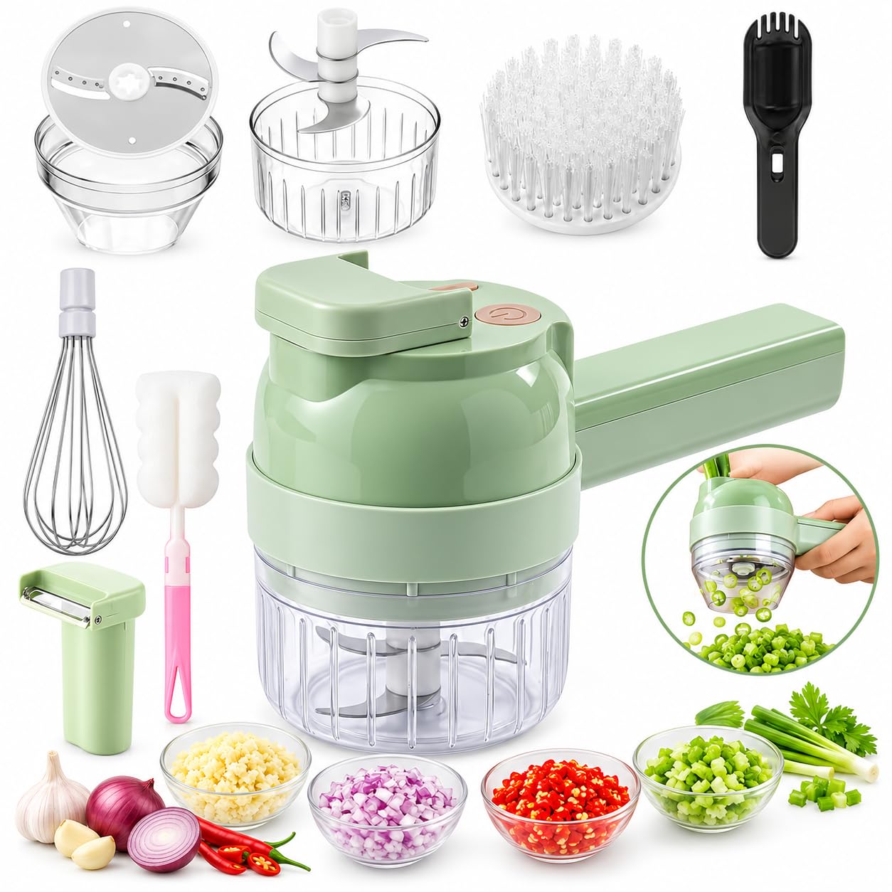 4 in 1 Handheld Electric Vegetable Cutter, 2026 New Wireless Multi Blade Vegetable Chopper Electric, Multi-function Food Processor with Brush &amp; Egg Beater for Chopping, Slicing and Whipping (Green)