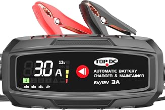 TOPDC 3A 6V/12V Smart Battery Charger & Maintainer with Digital Display | 9-stage smart charging, low-voltage activation, repair and maintenance for AGM, lead-acid and LiFePO4 batteries.