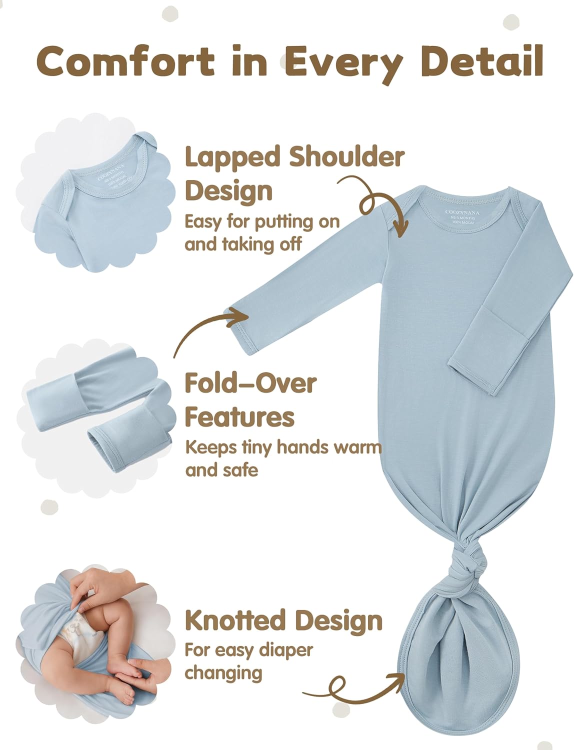 Newborn Knotted Gown 2Pack, Soft Breathable Baby Sleep Gown for Boys Girls, Infant Baby Coming Home Hospital Outfit