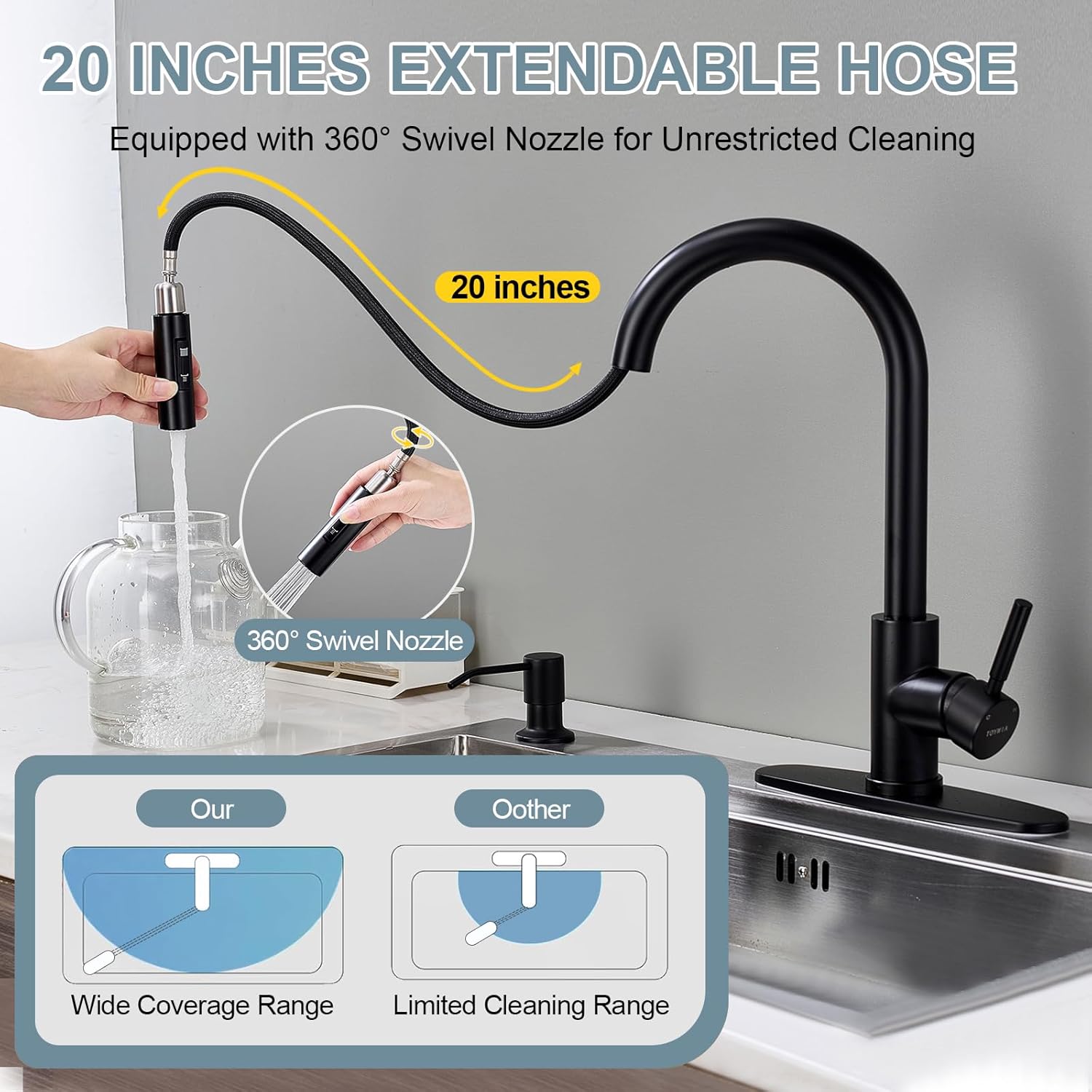 Kitchen Faucets with Soap Dispenser, Matte Black Single Handle High Arc Stainless Steel Sink Faucet with Pull Down Sprayer, 1 or 3 Hole Deck Plate Mount for Bar, RV, Laundry, Outdoor