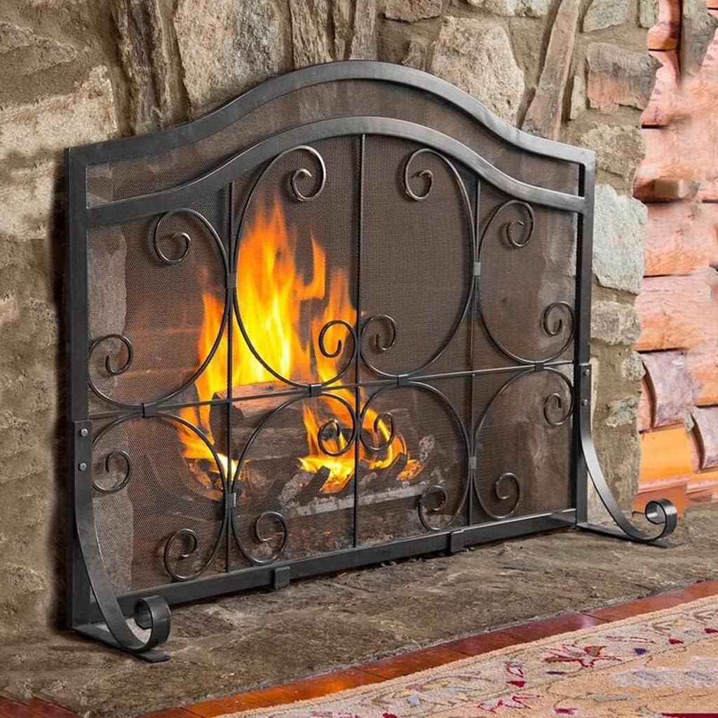 Wrought Iron Fireplace Screen with Fireproof Net, 38.5" x 30.7" Spark Guard Partition, Durable Black Decorative Guardrail for Home Safety and Style