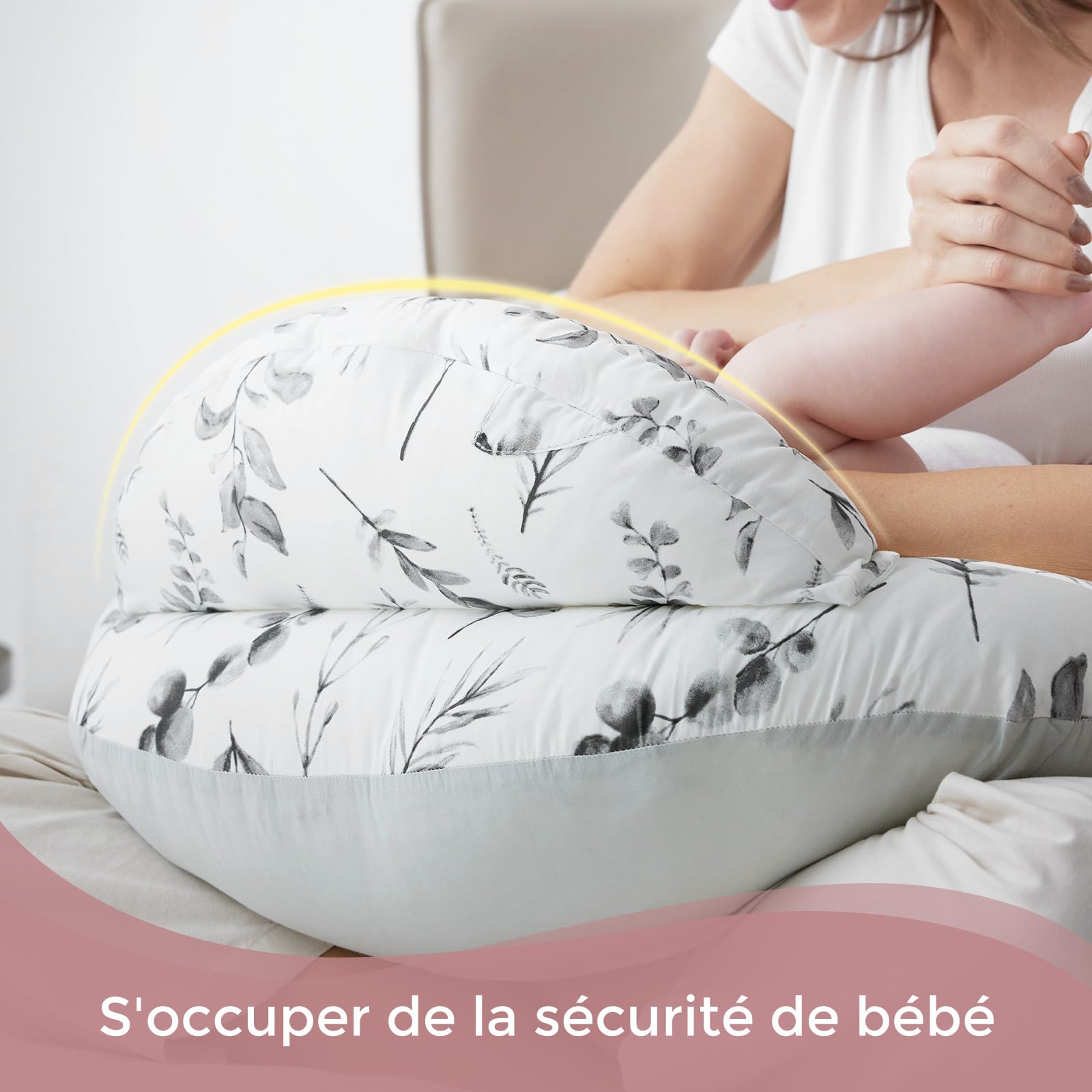 Momcozy Coussin d'allaitement avec bordure de sécurité – Coussin d'allaitement et de positionnement ergonomique avec sangle réglable et housse en coton amovible, feuilles d'encre pâle