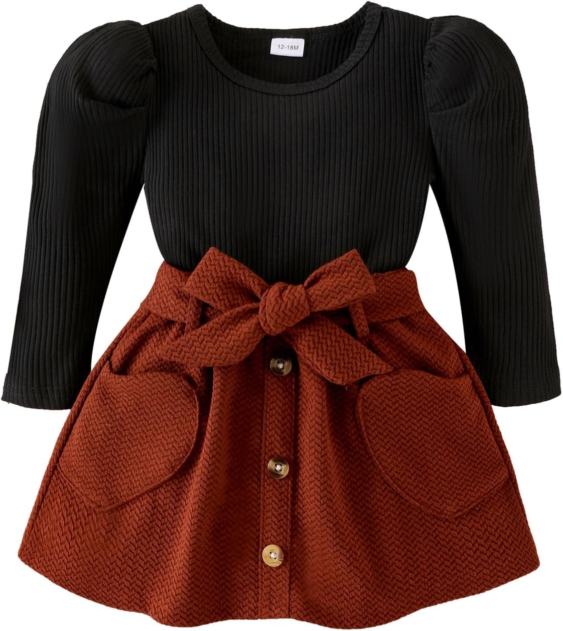 Toddler Girl Clothes Baby Fall Winter Outfits Knitted Puff Sleeve Tops + Infant Short Skirt + Belt 3Pcs 12 Months- 4T
