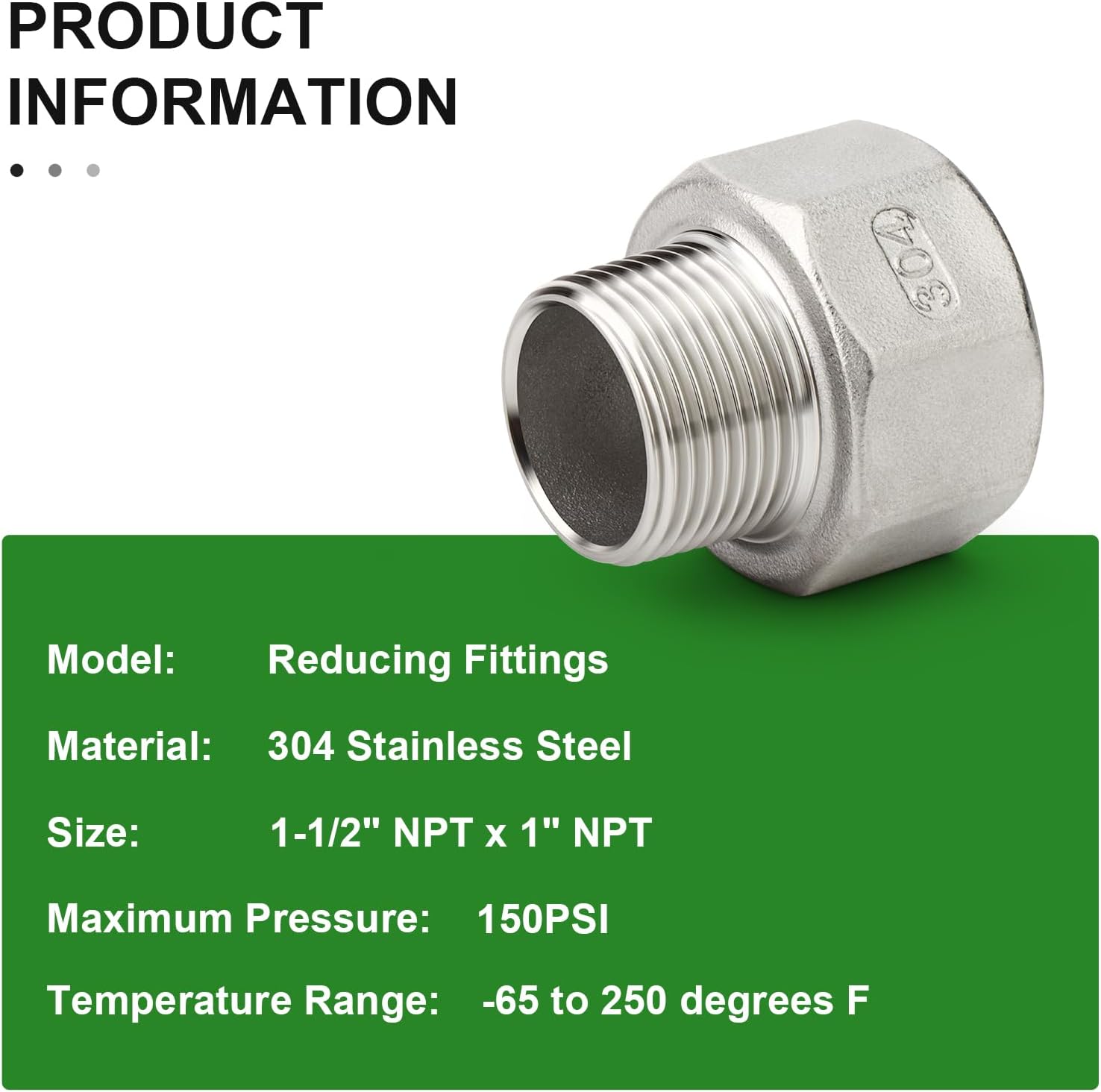 TAISHER 2PCS 304 Stainless Steel Pipe Fitting, Reducer Adapter, 1" NPT Male x 1-1/2" NPT Female