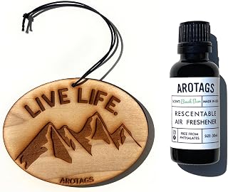 Arotags Wooden Car Air Fresheners - Long Lasting Beach Bum Scent Diffuses for 365+ Days - Includes Mountain Adventurer Hanging Mirror Diffuser and Fragrance Oil - 100% American Made