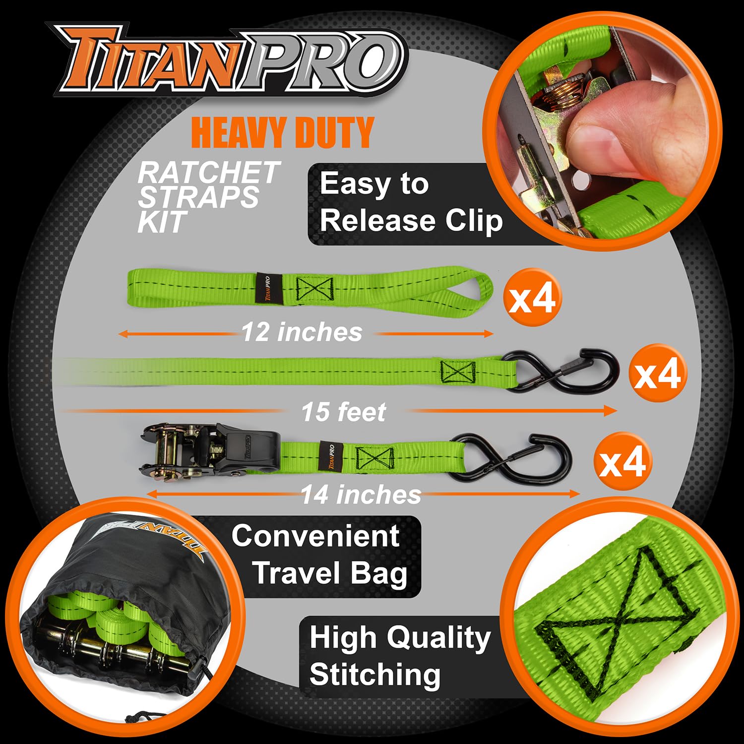 TitanPro - 4 Correas de Amarre de trinquete - Resistencia de Prueba de 1 kg - Sujetadores de trinquete 2,5 cm x 4,6 m con Asas Acolchadas | Correas de mudanza Resistentes