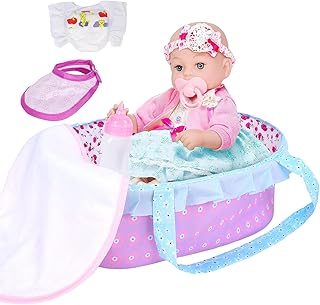 UZIDBTO Realistic Baby Dolls 12 Inch Girl Baby Doll with Accessories and Clothes Includes Blanket,Carrier Bassinet Bed,Pacifier,Feeding Bottles Newborn Nursery Toys for Toddlers 3 Ages and Up