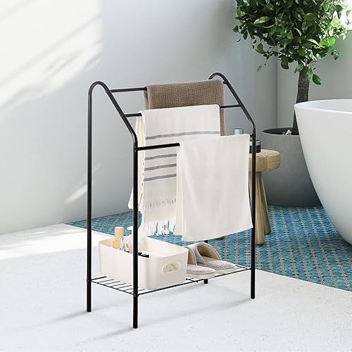 Miniatura 4 de MyGift Toallero de baño independiente de metal negro mate con estante de almacenamiento inferior, soporte de secado de barra de toalla de 3 niveles