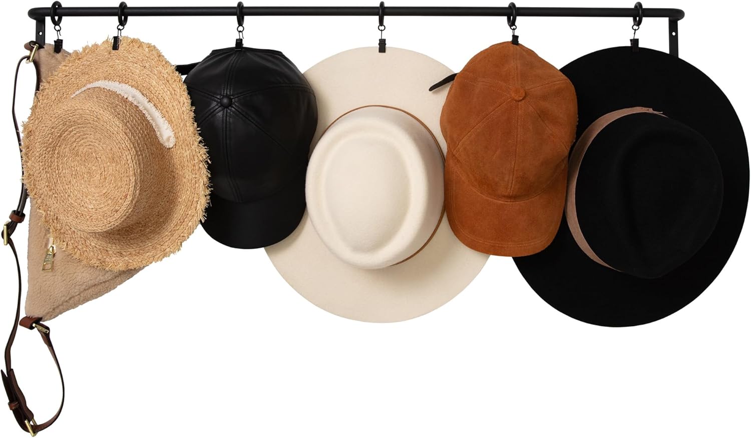 Wall Mounted Hat Display Rack, 35 inch Iron Rod with 6 Clips, Handcrafted, Antique Black