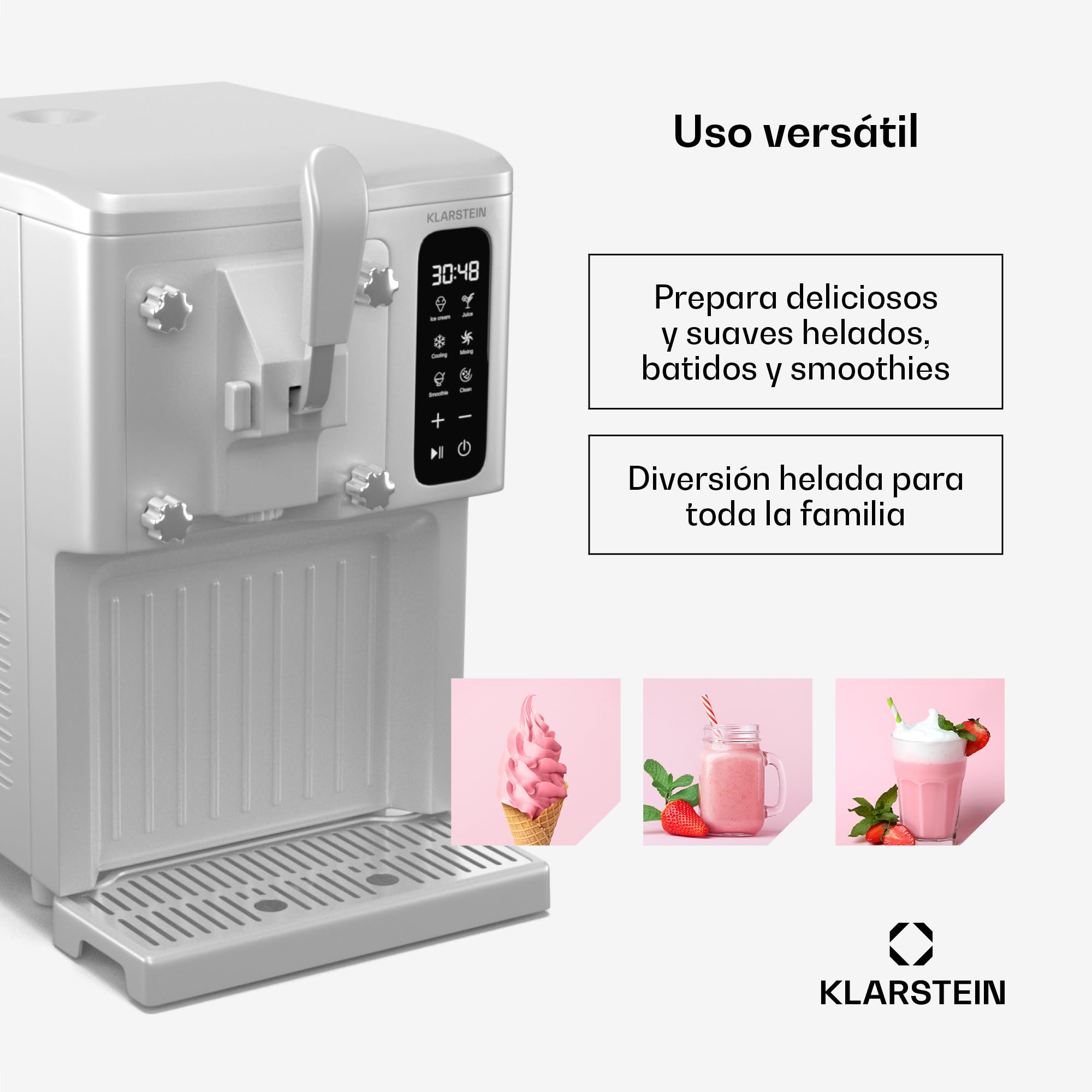 Klarstein SweetSwirl Heladera - Máquina de Helados 3 en 1 para Helados, Batidos & Smoothies, Dispensador, Depósito 1.5L, Pantalla Táctil, Modo Frío, Limpieza Automática, Blanco