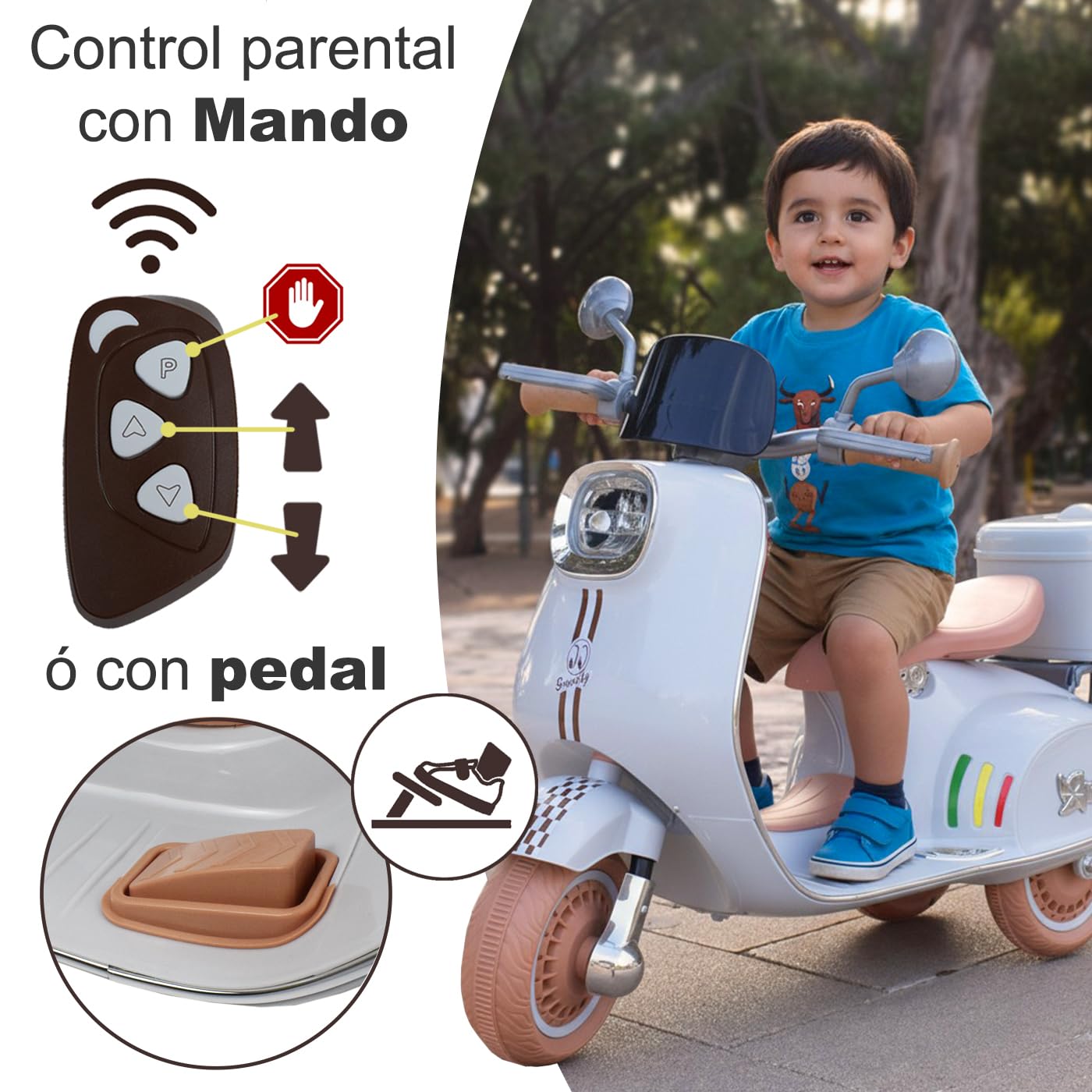 Twinly - Moto Eléctrica para niños SCOOTLY - Motocicleta Infantil con Mando a Distancia- Cargador y batería 6V hasta 40min – Acelerador de Pedal - Maletero, USB, luz y MP3 Bluetooth (Rosa)