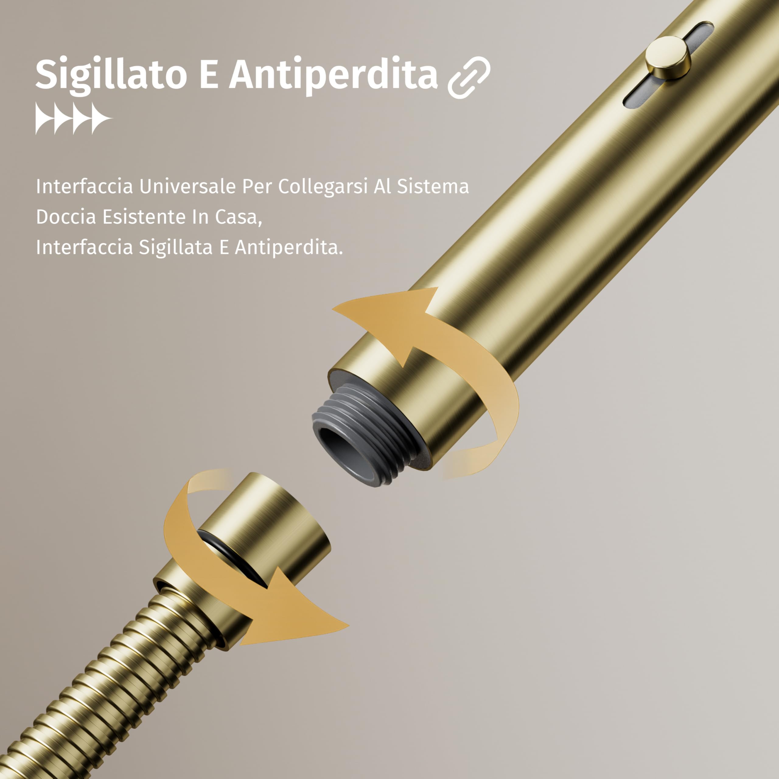 Soffione doccia,Con 2 modalità d'acqua (modalità pioggia e modalità flusso forte),Interfaccia comune,Rotondo Soffione doccia alta pressione,Oro spazzolato,Doccia manuale + flessibile + supporto