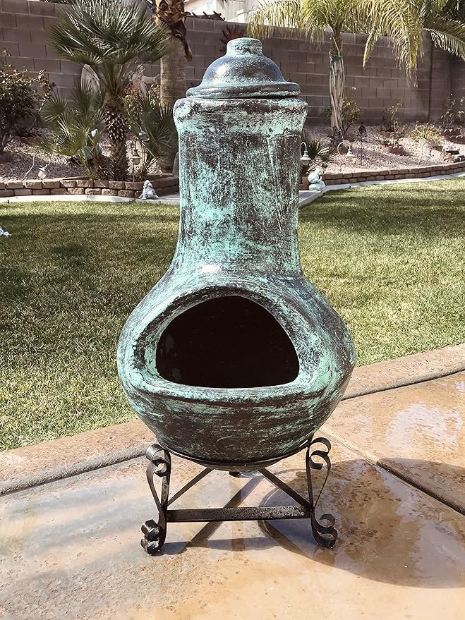 Elan Home and Garden Outdoor Clay Chiminea Fire Pit - Clay Wood Burning Chiminea, Wood-Burning Backyard Stove Fireplace (Green Pistachio) (22" X 16")