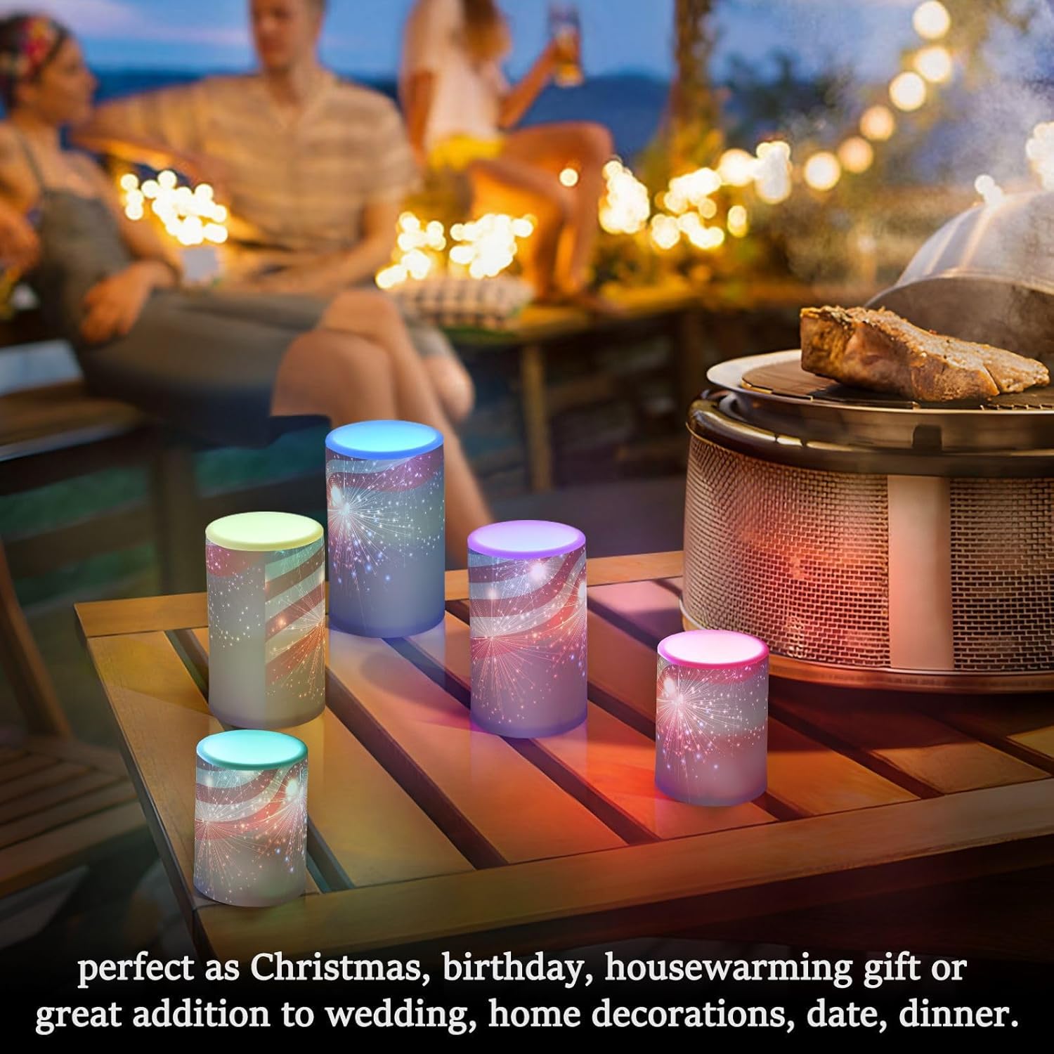 Set of 2 Independence Day Flag Firework Flameless Candles Remote Timers 4th of July Pillar Candles for Bedroom Bathroom Outdoor Party Garden Ambient Lighting Decoration