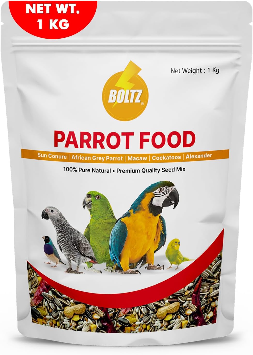 BOLTZ Food for Big Parrot, African Grey, Sun Conure, Macaw, Lovebird and Alexander - All Life Stages Mix Seeds (1 KG Pack)