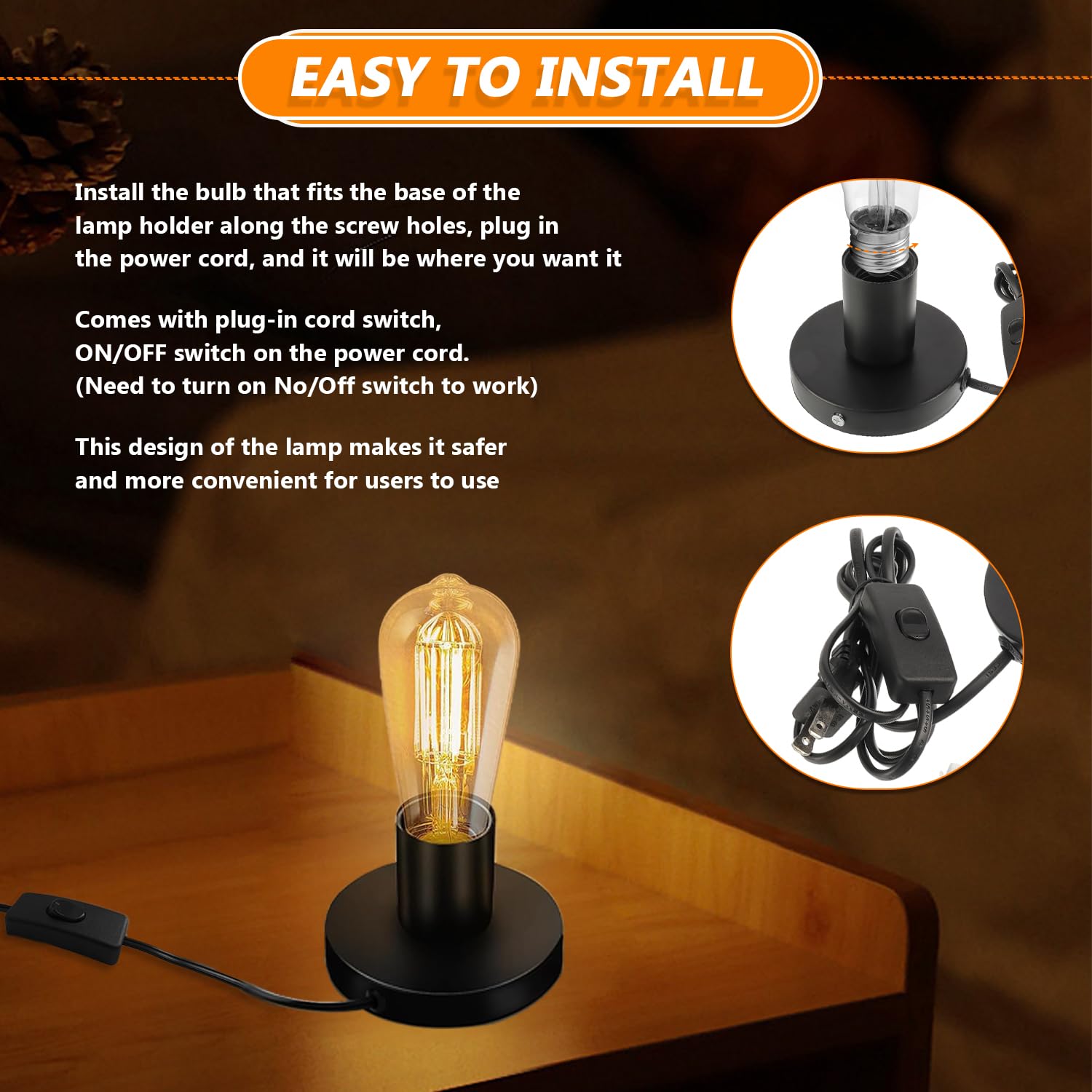 Polished Metal Desktop Lamp Base, E26 E27 Screw Light Socket Edison Bulb Holder Base, Small Industrial Table Lamp Base Only, 6ft Cord On/Off Switch US Plug (Black,2 Pack)