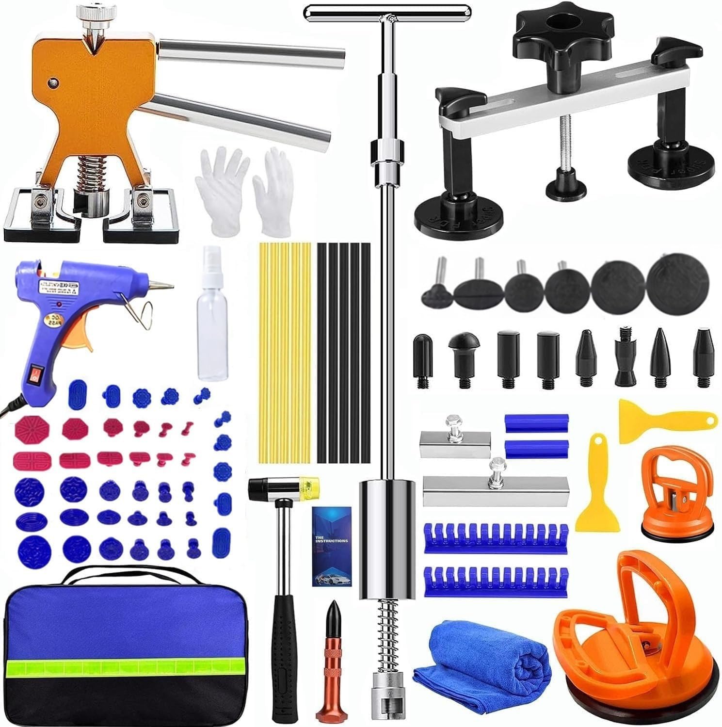 Car Paintless Dent Repair Kit,Auto Body Dent Puller Car Dent Removal Tools with Golden Lifter,Glue Gun,Bridge Puller, T-bar Puller,Rubber Hammer,Suction Cup,Storage Bag (Combination 2)