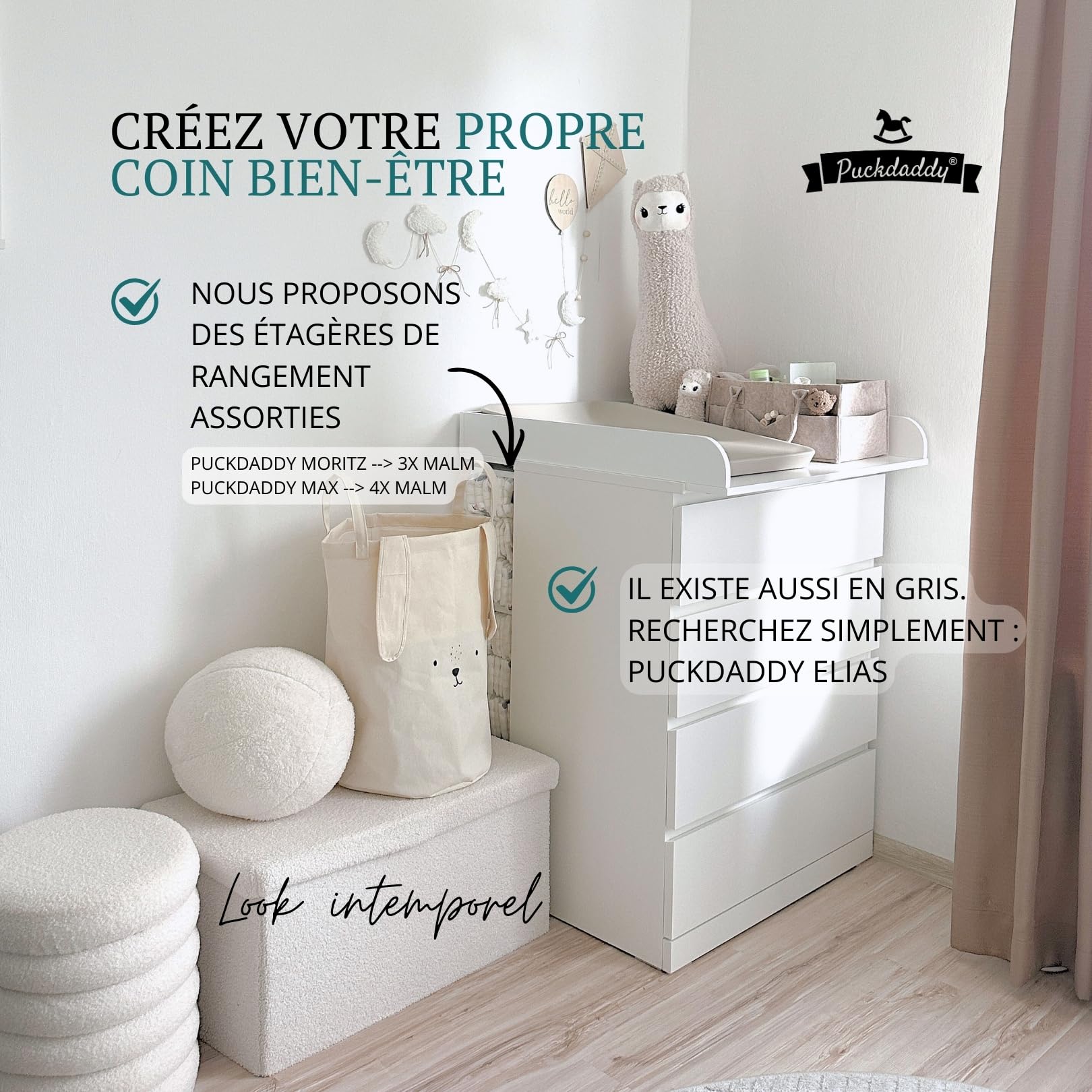 Puckdaddy® Plan à Langer Moritz, pour Commode Malm, Blanc, Chambre d’Enfant | Pour commode IKEA Malm, MDF, blanc, plan à langer, surface de couchage 77×76 cm, dimensions 80×78×10 cm