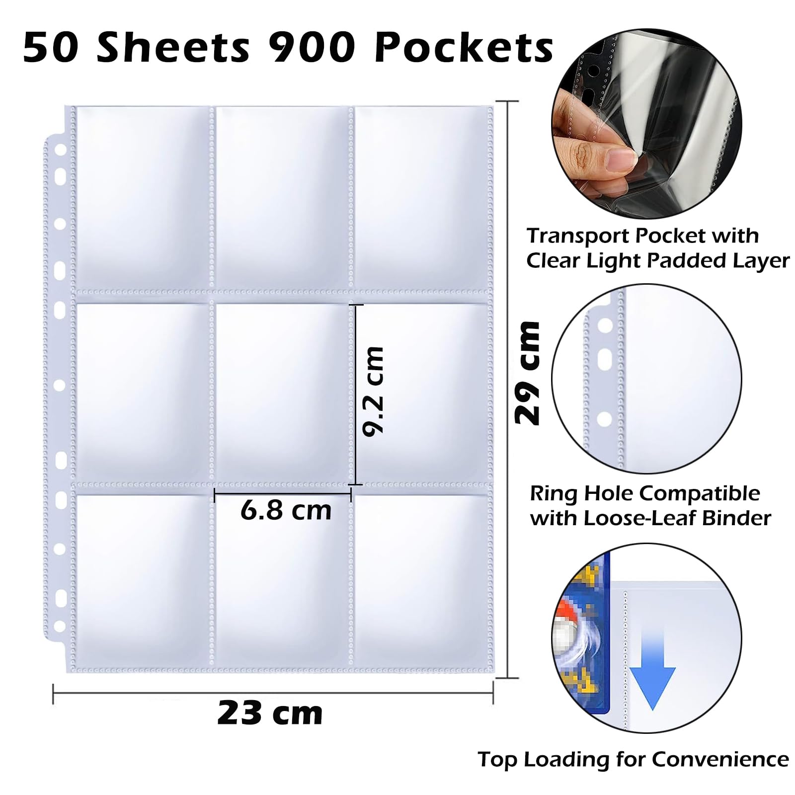 Hikrxya 900 Pockets Trading Card Covers Transparent, 50 Sheets Double Side 9-Pocket Blank Scrapbook Game Card Folders Card Sleeves Bags Trading Cards Films for A4 Ring Binder, Sports Football Cards - Image 2