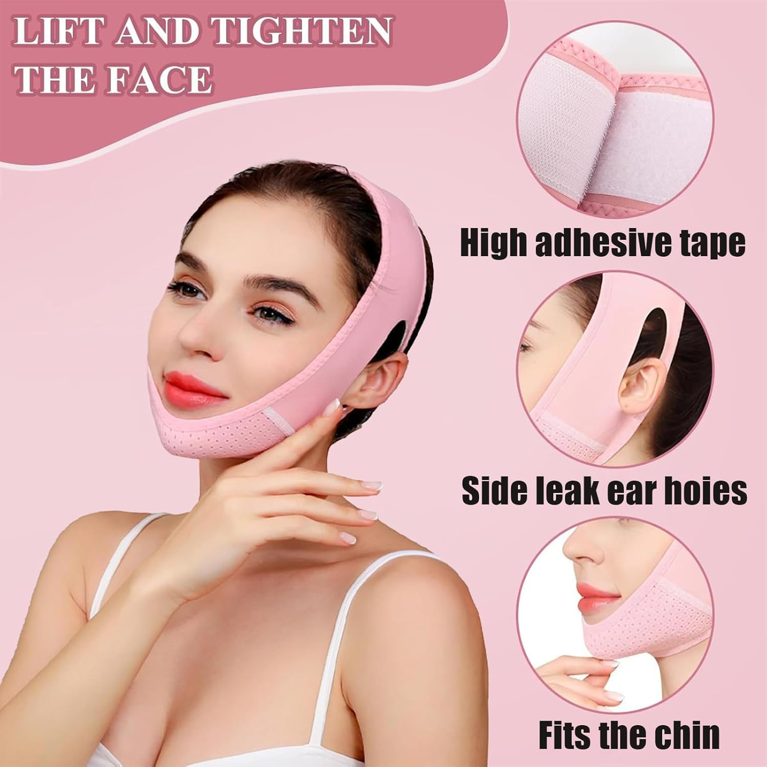 Máscara Lifting Facial Reutilizable, MáScaras Faciales En V, Papada Reductor Mujer, Para Papada Y Piel Facial FláCida, Ajustable, Rosa claro