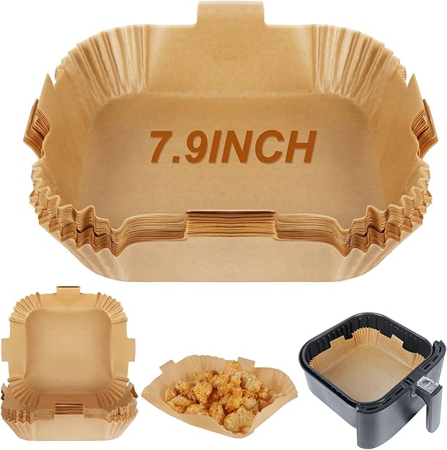 BYKITCHEN Air Fryer Liners Square, 7.9 Inch Large Air Fryer Disposable Liners , Greaseproof Parchment Paper for Air Fryer, Compatible with COSORI, Ninja, Tower Cosori (Unbleached, 50PCS