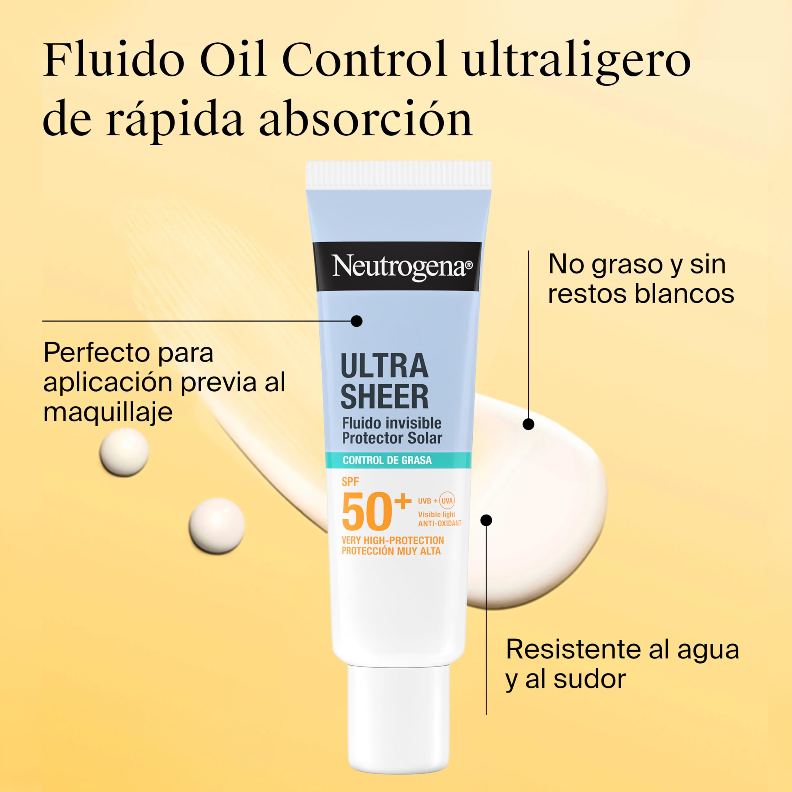 Neutrogena Ultra Sheer Solar Fluido Invisible Oil Control SPF50+ (50ml), protector solar facial 50+ de amplio espectro, crema de sol para piel grasa/con tendencia al acné, ligera y resistente al agua