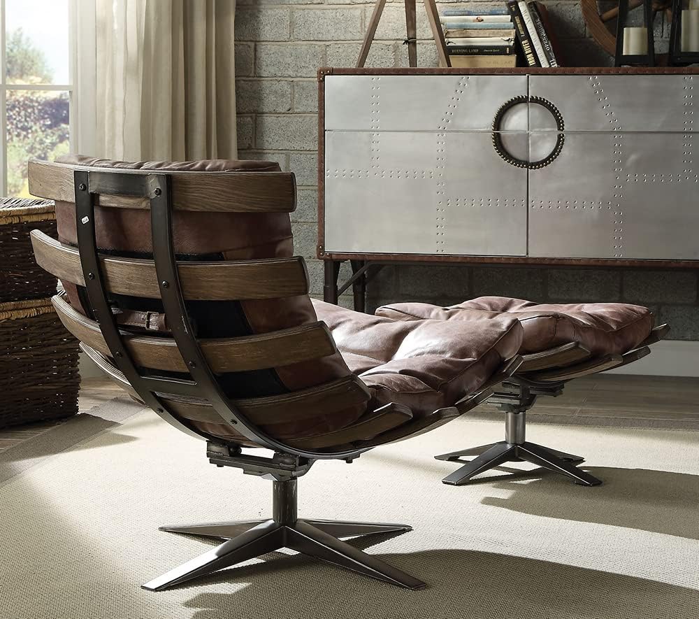 Retro Brown Top Grain Leather Recliner with Ottoman