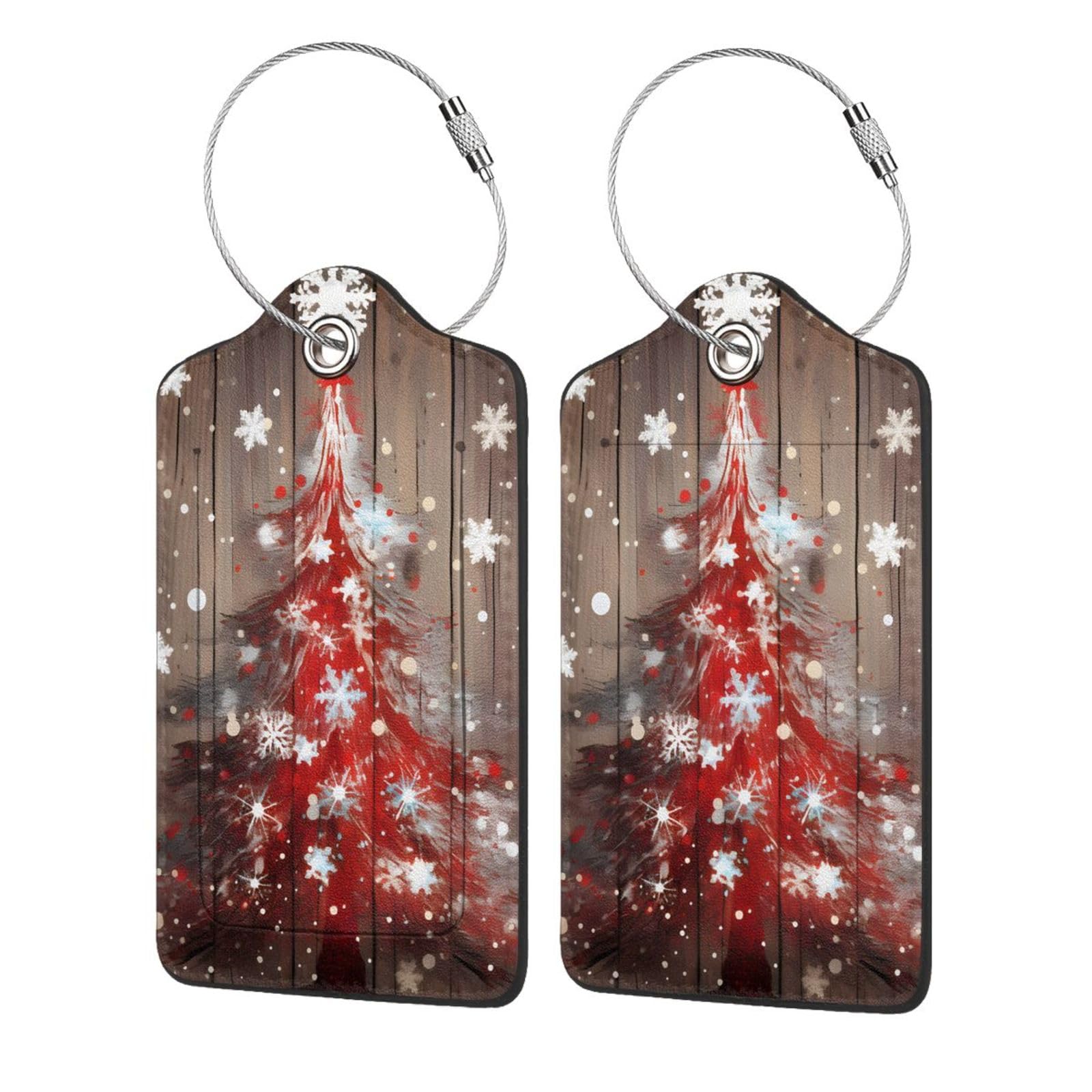 4 etiquetas de equipaje de piel sintética para maleta, árbol de Navidad rojo en tablero de madera, etiqueta de equipaje con lazo de acero inoxidable, etiqueta de identificación de cubierta de