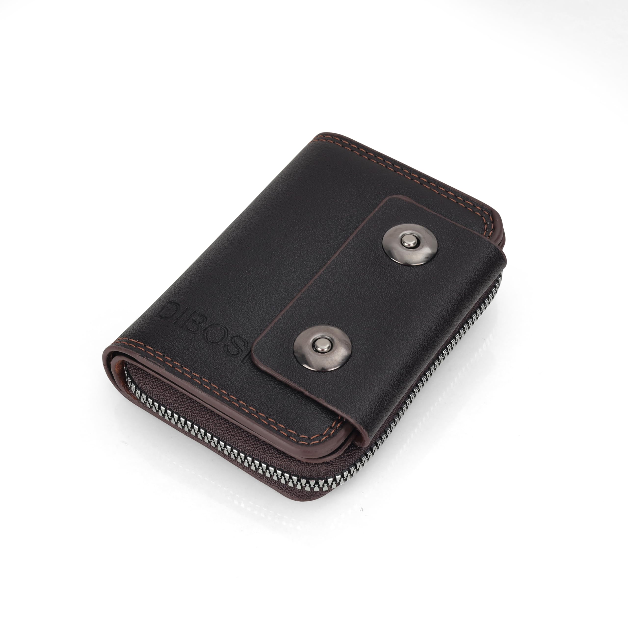 J I Leather Key Holder Case with Zipper and Snap Buttons – Compact Car Key Wallet Organizer for Men (Brown)