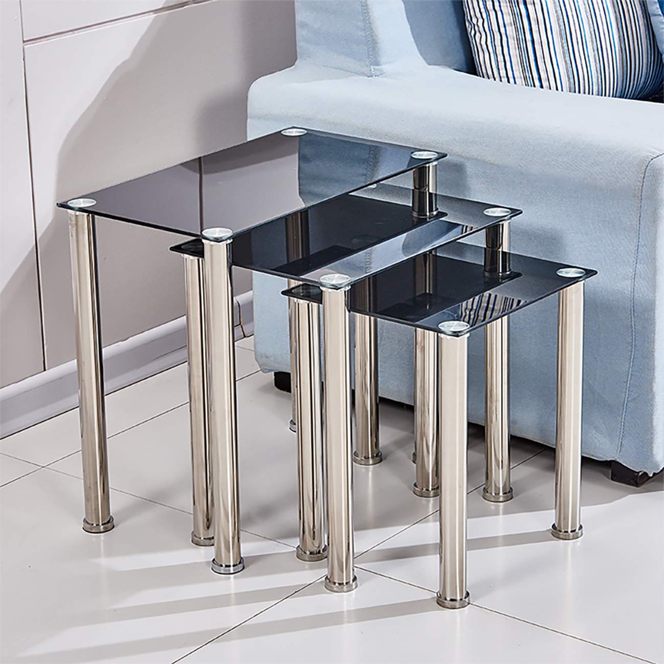 Black Glass Nesting Tables Glossy Nest of 3 Tables Rectangular with Chrome Legs Sofa Side Table End Table Coffee Table for Living Room Reception Room Limited Space