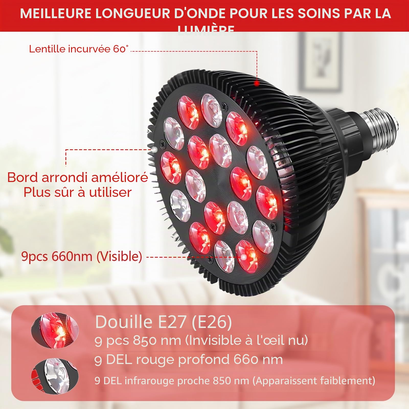 Lampe à lumière rouge avec pied, lampe infrarouge 54W 850 & 660nm, 18 LED pour thérapie par lumière rouge, chaleur profonde pour soulagement des douleurs au visage, cou et dos, efficacité et réglable