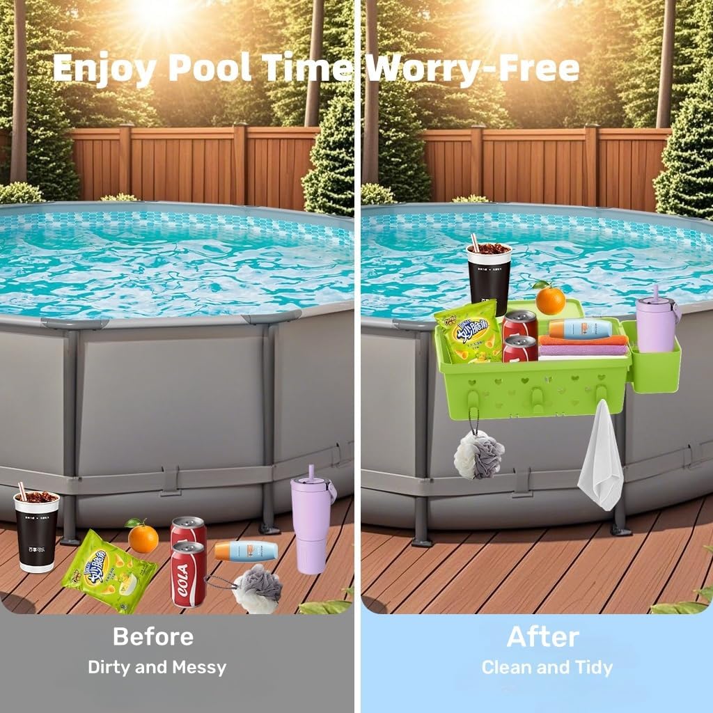 Poolside Storage Basket Above Ground Pool Accessories, Pool Storage Basket with Cup Holder, Pool Cup Holder Storage to Organize Dink, Cup, Towel, Phone, Sunglasses and More (2-Pack Green)