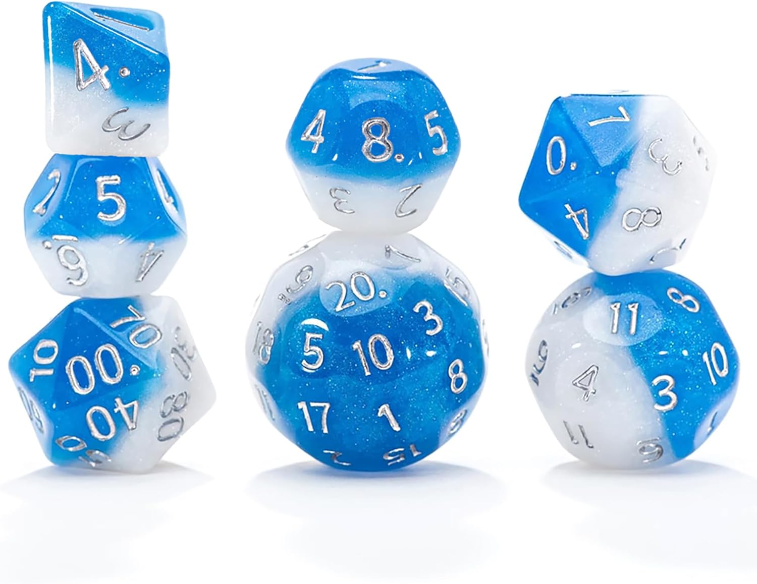 Gate Keeper Games & Dice: Double Dice - Stormwind Fallacy - 7pc RPG Set, Blue & White Resin w/ Holographic Glitter, Role Playing Games Accessory