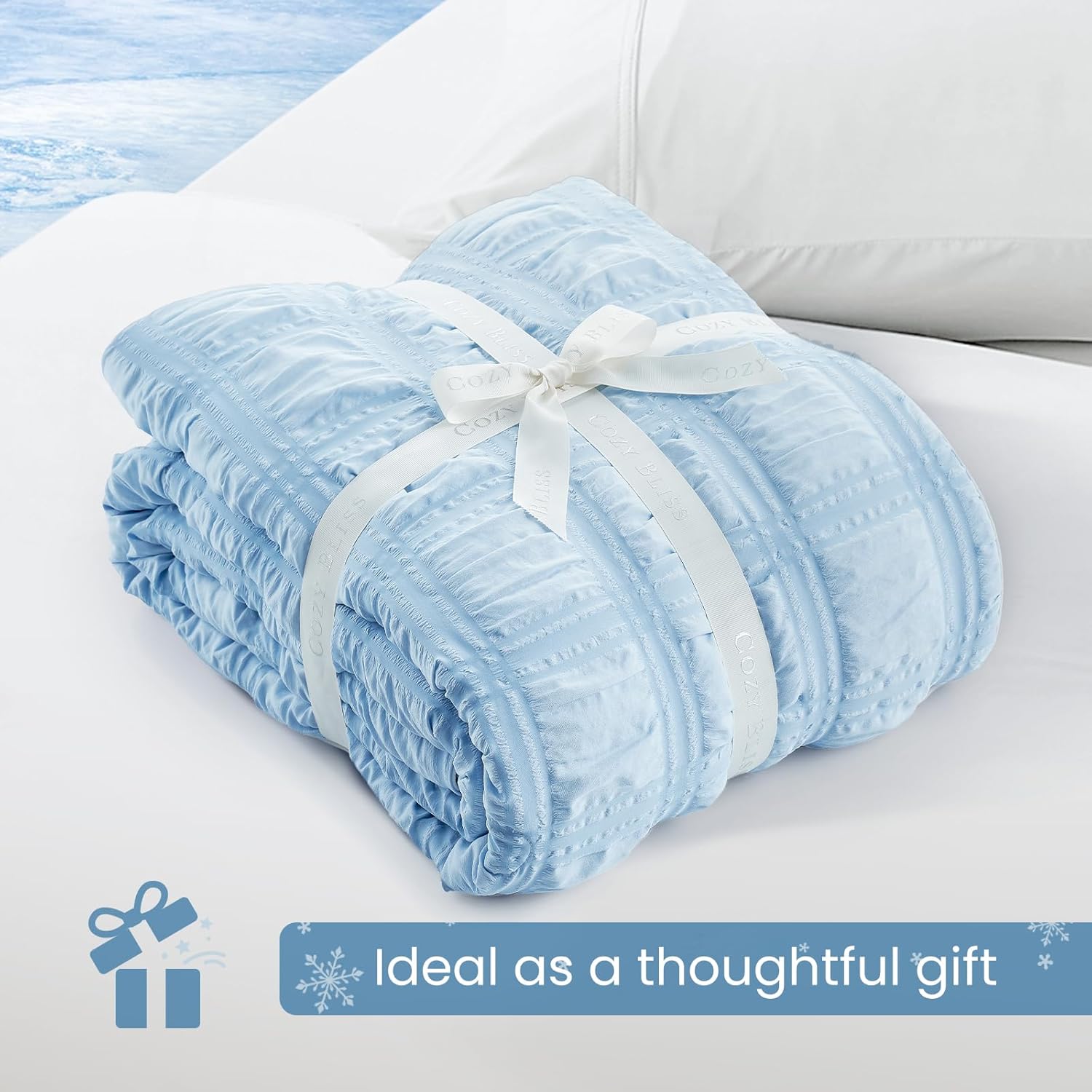Cozy Bliss Cooling Comforter Seersucker Plaid Queen Size, Q-Max 0.45 Lightweight Cooling Blanket, Breathable Silk Smooth Summer Bedding Quilt for Hot Sleepers Night Sweats Blue - Image 8
