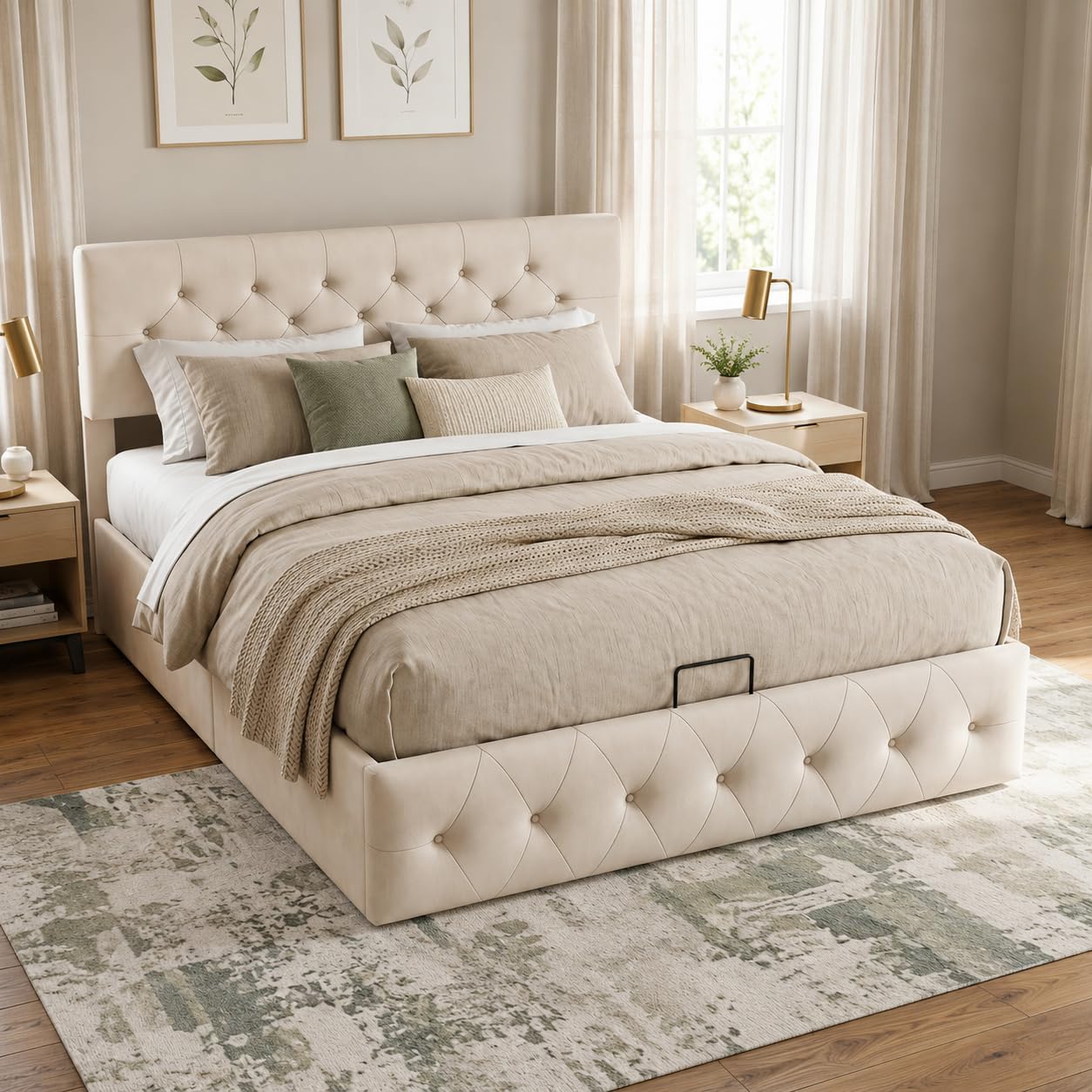 MOTUZP Letto Imbottito 160 x 200 cm Letto matrimoniale, Struttura letto con Testiera Imbottita e contenitore, Altezza Regolabile, Telaio con Rete a Doghe in Legno e Metallo, albicocca