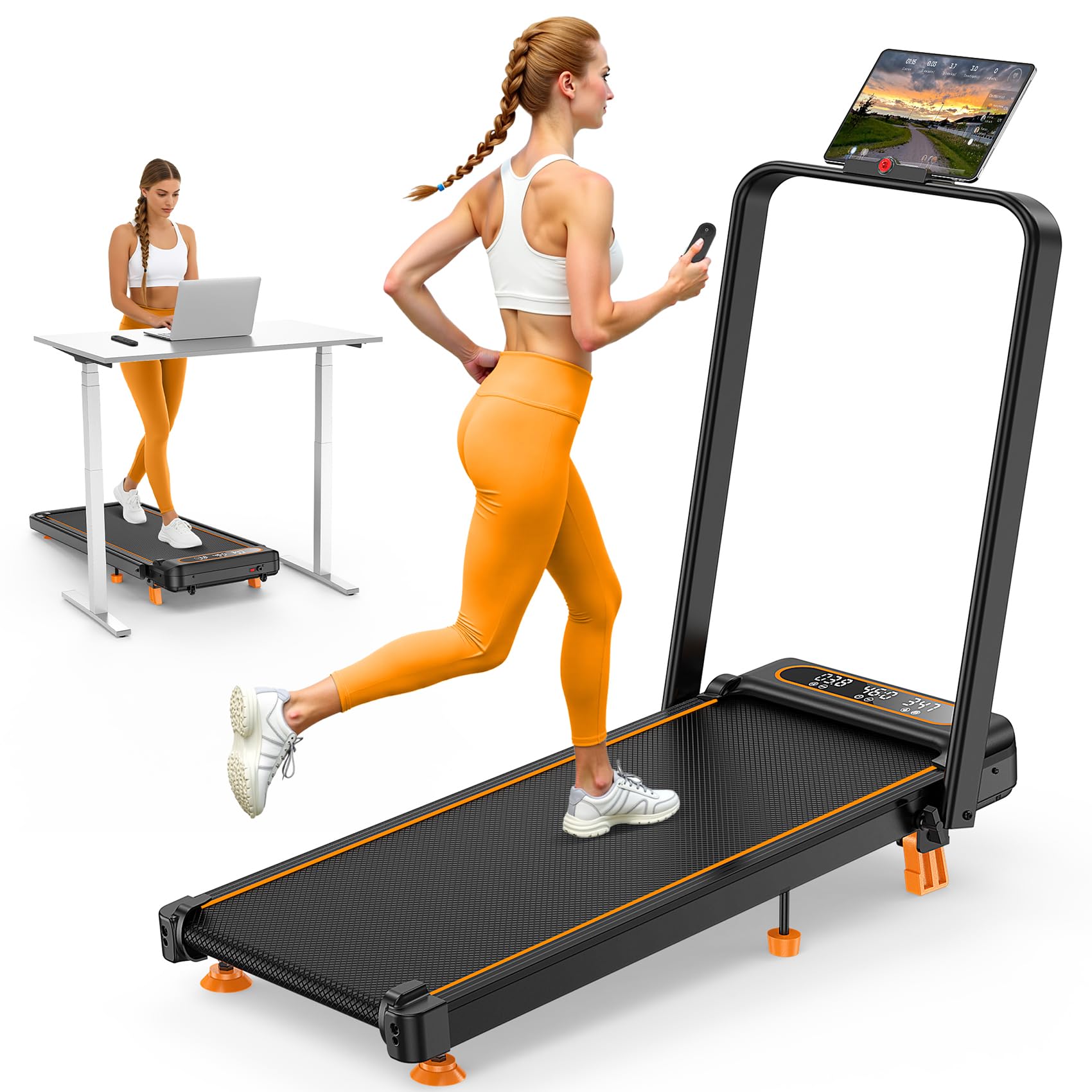 Treadmill Walking Pad with 12% Incline/Handle Bar/2 LED Display, 3.5HP Portable Treadmills for Home Small, Foldable Walking Pad Treadmill 350+lb Capacity, Smart App, 4 Adjustable Incline, RGB Light