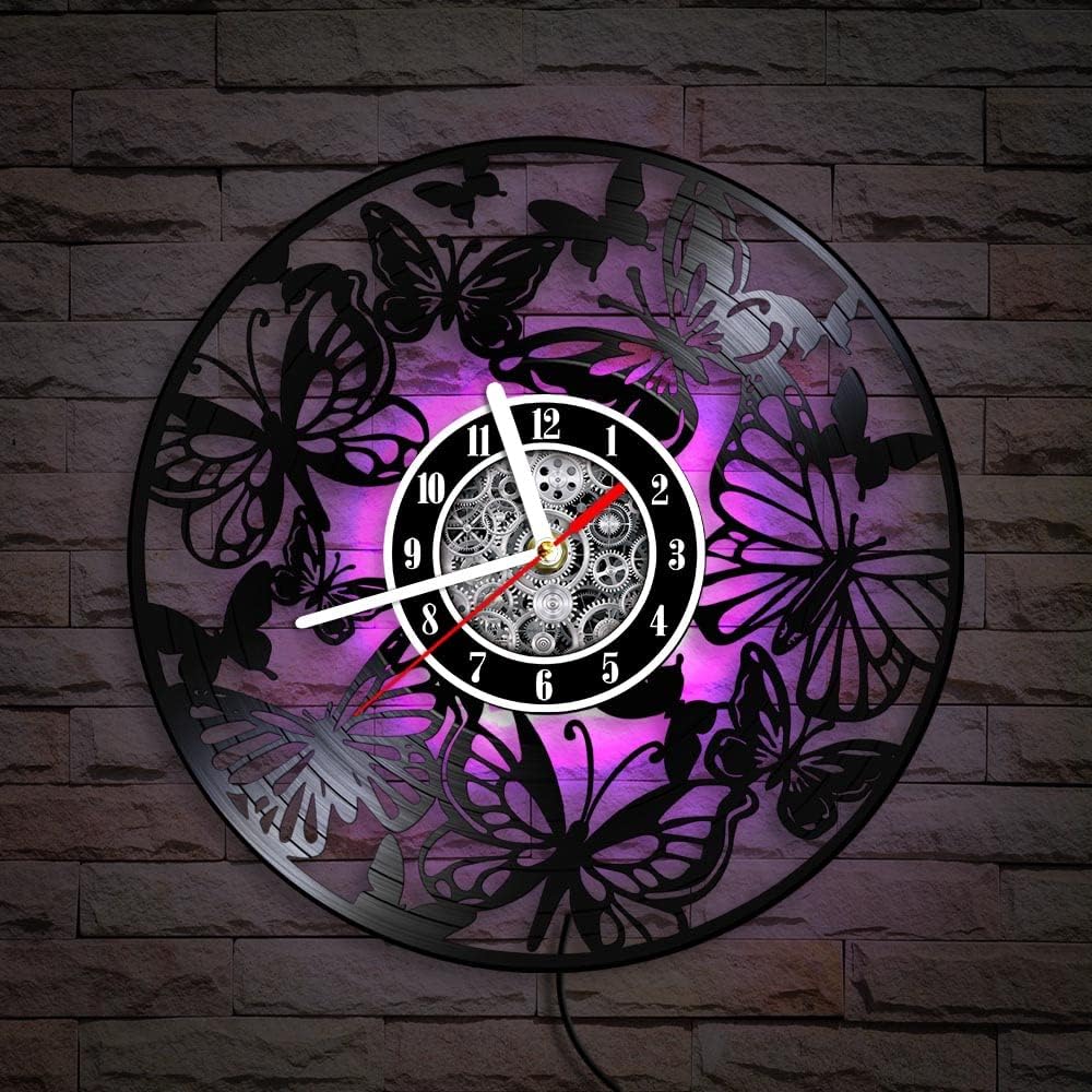 The Geeky Days Butterflies Artwork LED Vinyl Record Wall Clock 7 Color Light, 12inch Silent Quartz 3D Butterfly Carved LP Record Watch Handmade Animal Housewarming Gift Nursery Decor