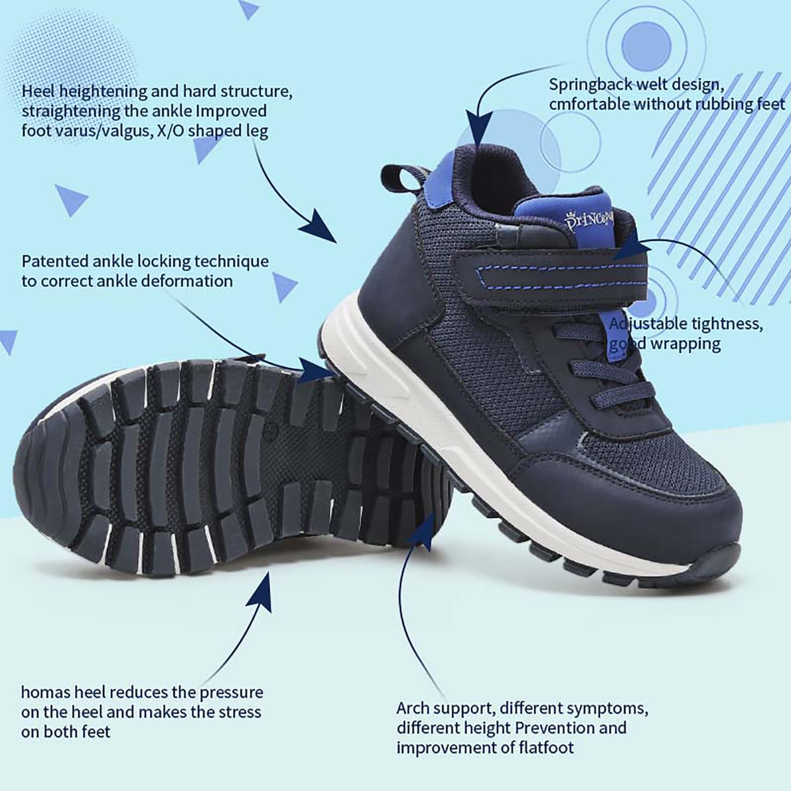 princepard Zapatos ortopédicos para niños pequeños con soporte de arco y tobillo, tenis correctivos de malla transpirable