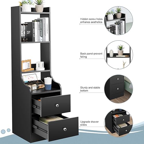 Miniatura 8 de Mesita de noche negra, mesa de noche moderna de 55 pulgadas con estantes abiertos de 4 niveles y 2 cajones, mesita de noche de madera con cajones