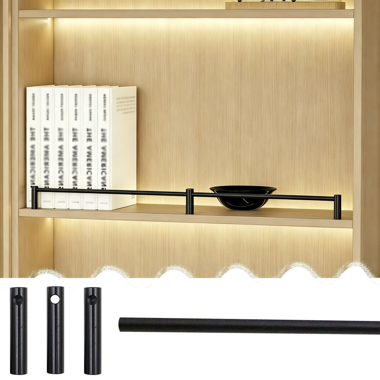 Decorative Shelves Railing for Shelf Front, Metal Guardrail for Bookcases/Cupboard/Wine Cabinets, Prevent Tipping Open Shelving Fence Railing(Black,52in/132cm)