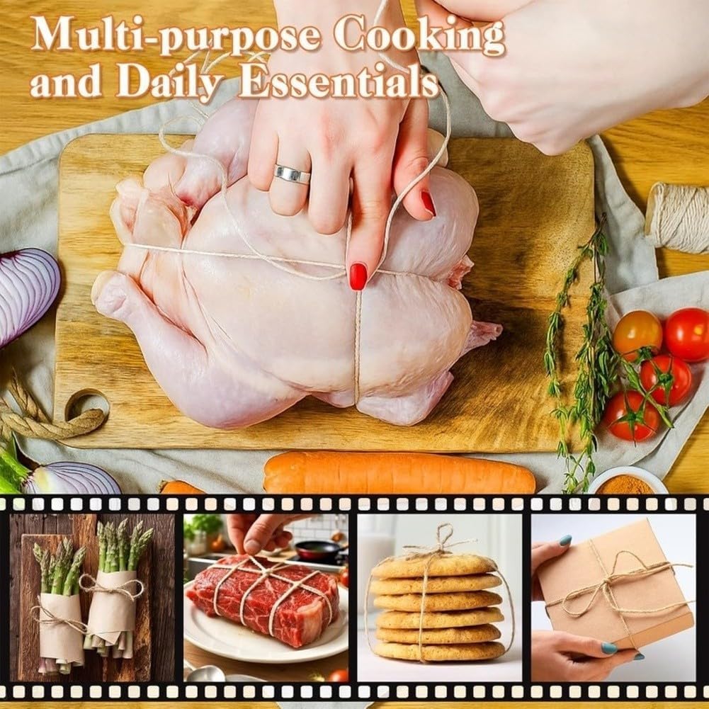 Steel Twine Holder Kitchen – 304 Steel Dispenser with 2 Rolls of 12-Ply Food-Safe Cotton Cooking String (65M Each), Compact 8x8cm Roast Tying & Herb Bundling