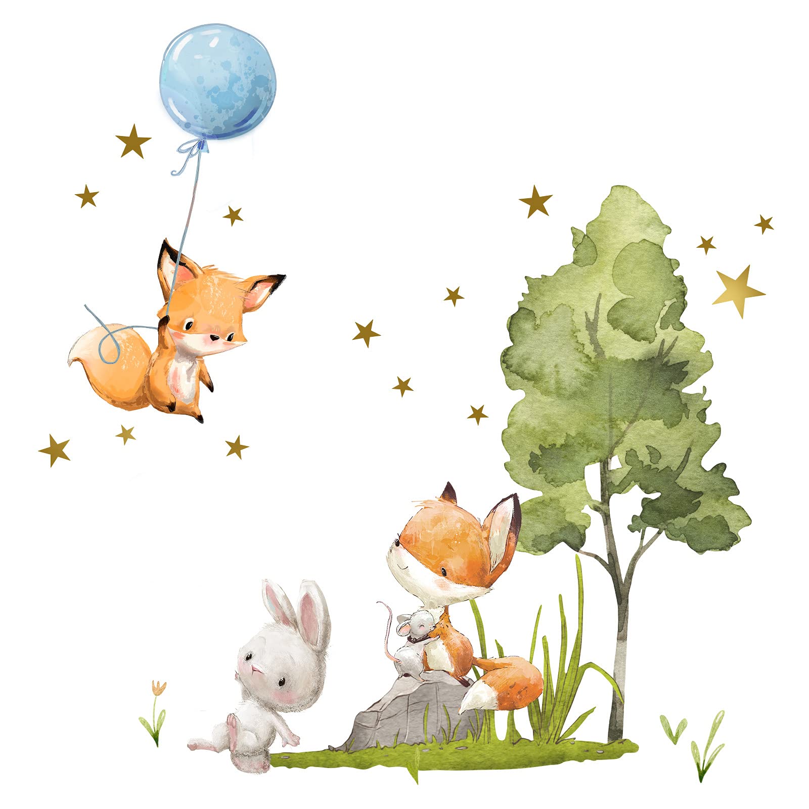 Sticker mural chambre enfant motif renard et étoiles pour décorer la salle de jeux