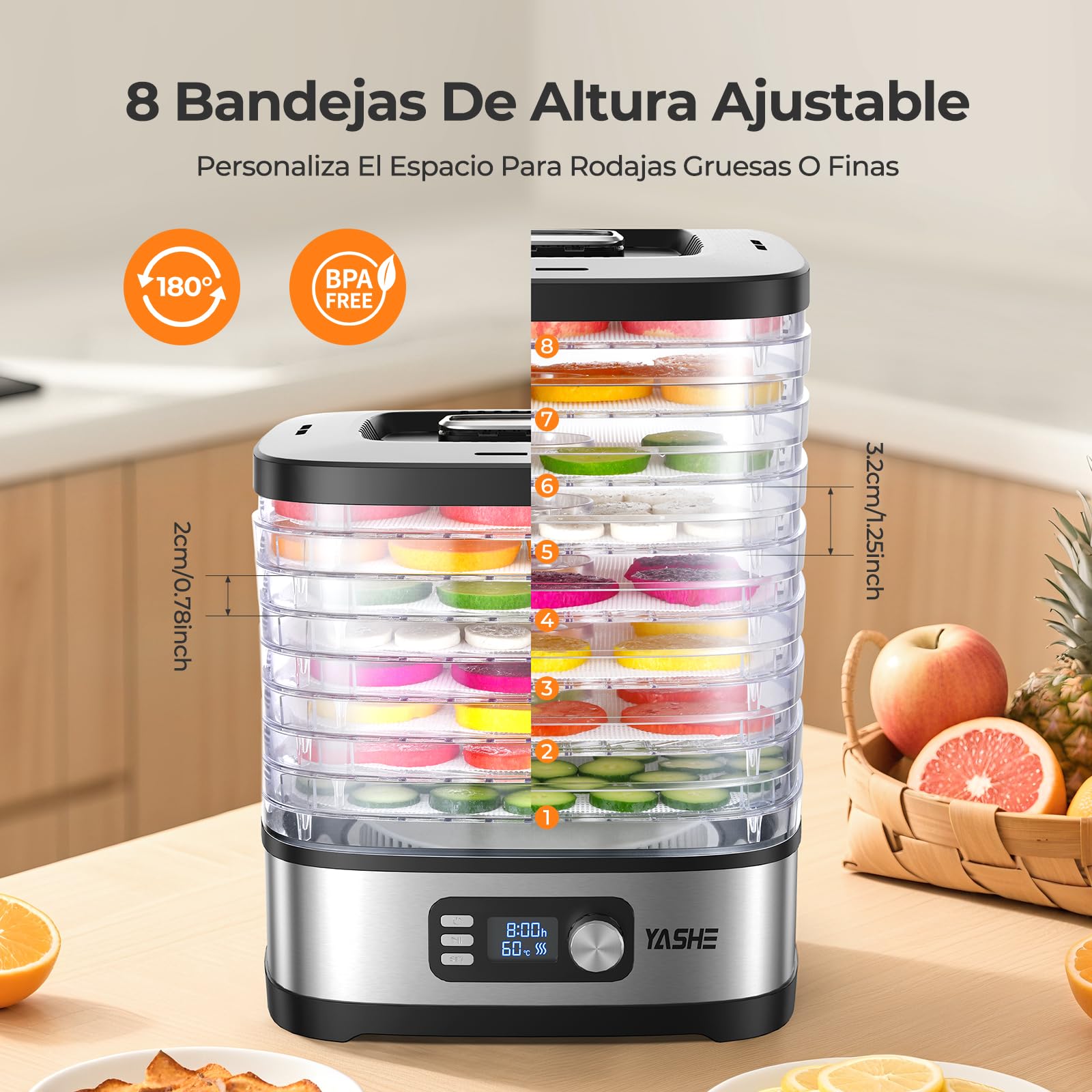 YASHE Deshidratador de Alimentos 8 Bandejas, Tiempo y Temperatura Ajustables 72H, Incluye Rejillas de Malla, Bandeja de Fruta y Pinzas de Acero Inoxidable para Jerky, Frutas, Verduras, Carne, Sin BPA