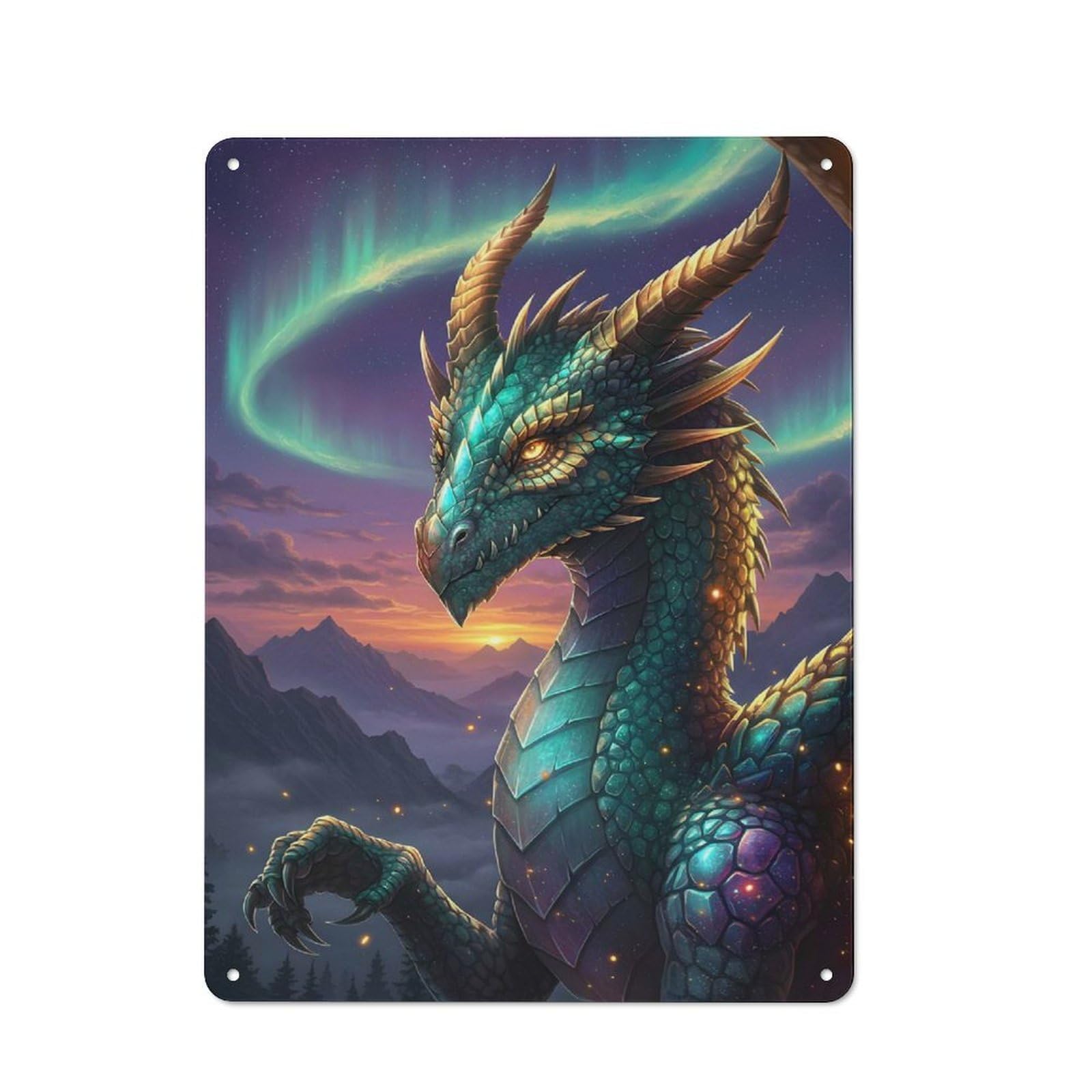 Majestic Dragon with Aurora Borealis Vintage Metal Sign 40x30cm, Shop Front Style Cafe Wall Decor for Coffee Bar, Small Shop Or Dining Room