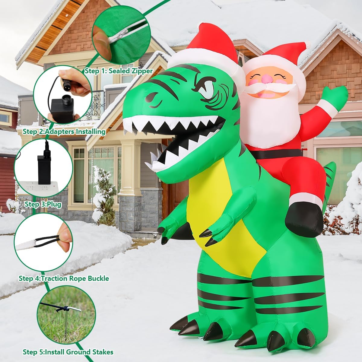 COMIN 6 FT Christmas Decorations Outdoor Inflatables Santa Claus Riding Green Dinosaurs Blow ups with Built-in LEDs for Yard Party Lawn Decor
