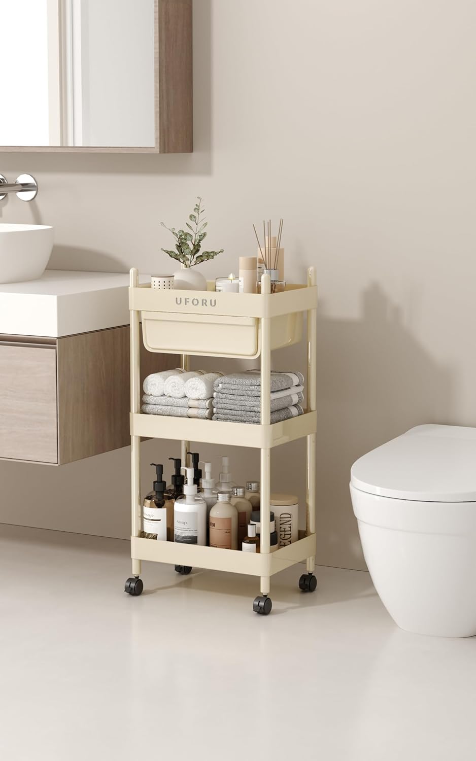 3 Tier Mobile Storage and Organization Cart, Multi-Functional Mobile Storage Cart with One Drawer, Plastic Shelves and Wheels for Living Room, Bedroom, Kitchen and Office (Cream Color)