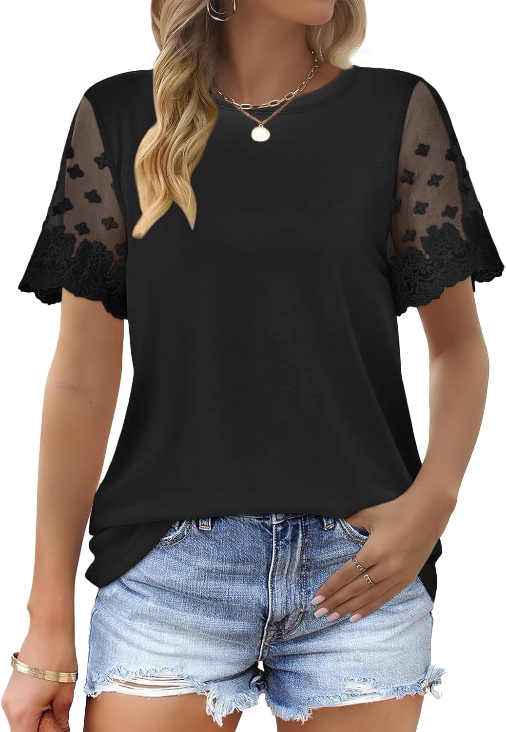 Women's Round Neck Lace Sleeve T-Shirts Casual Summer Loose Fit Tops - Image 2
