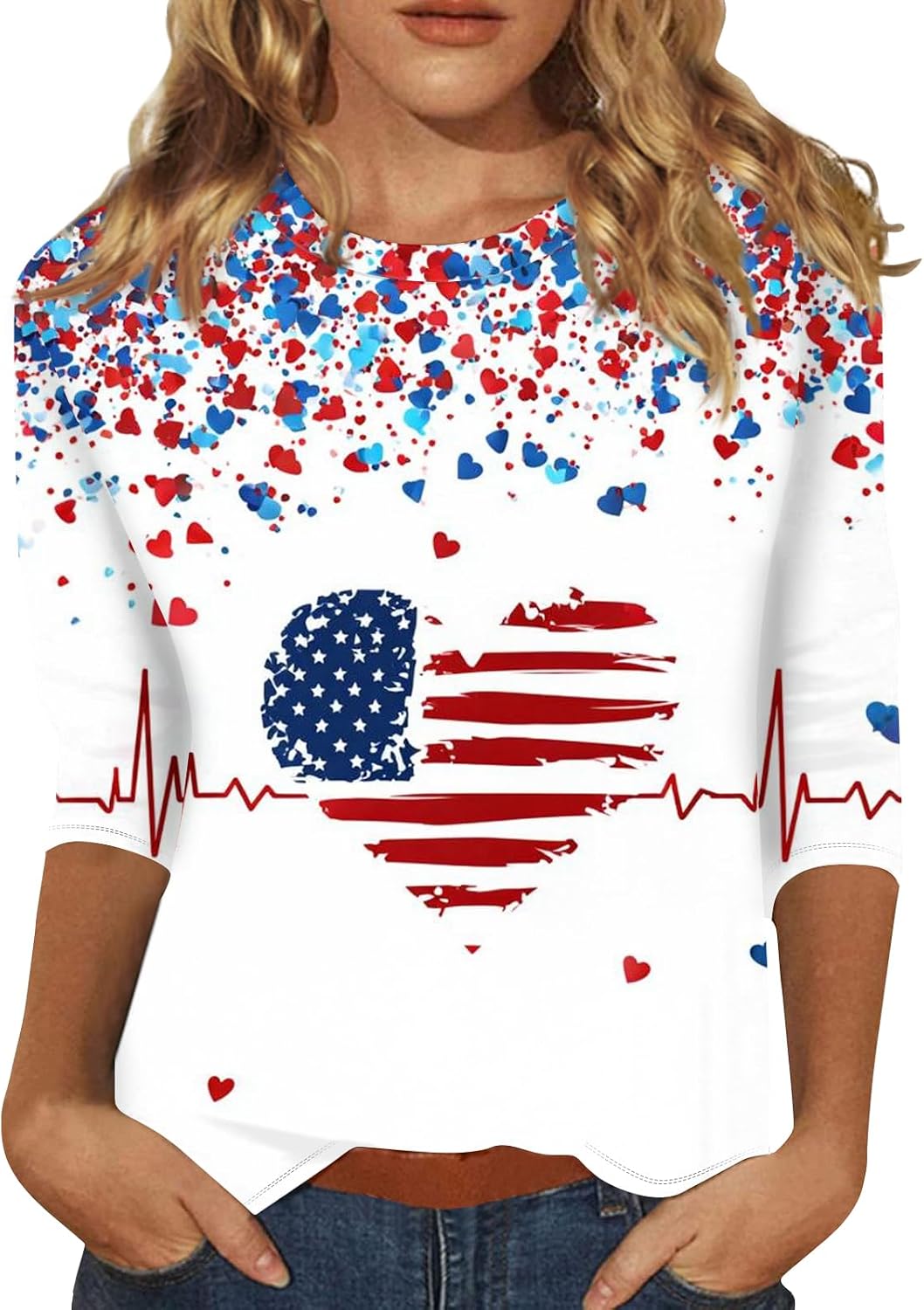 Women's 250 Anniversary USA Shirt, 4Th of July for Women, 3/4 Sleeve Crewneck American Flag Print Tops, S-5XL