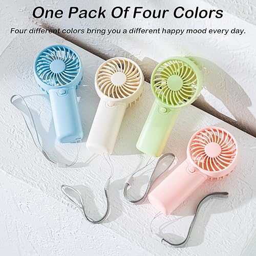 Miniatura 2 de Paquete de 4 mini ventilador portátil, funciona con pilas AAA de 5 pulgadas, ligero ventilador de mano pequeño con 1 velocidad, diseño de cordón,